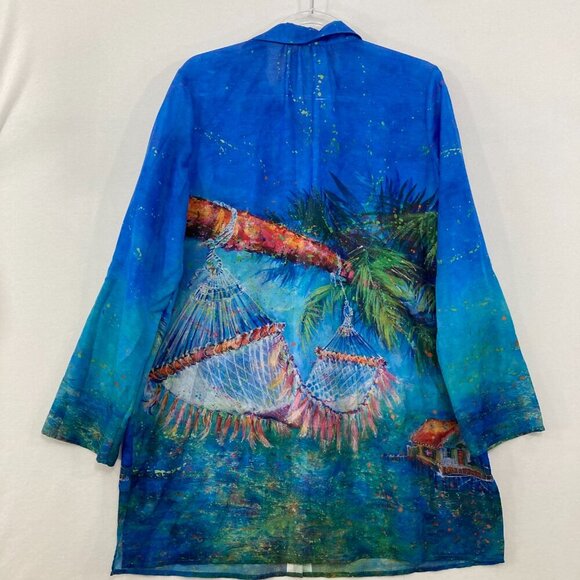 Leoma Lovegrove Medium Blue Tropical Hammock Button Up Tunic Vacation - Picture 8 of 10